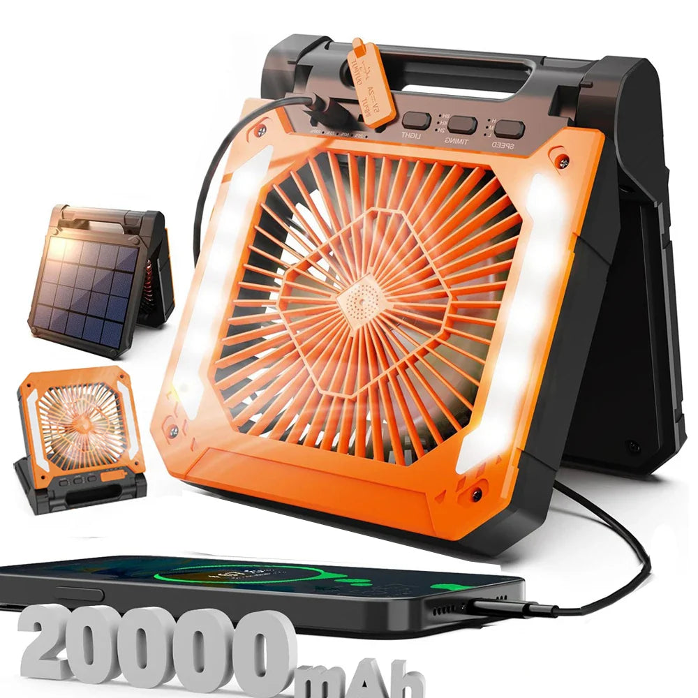 20000mAh Portable Electric Fan with LED Light — USB, Solar & Car Charging for Camping | Bowlift