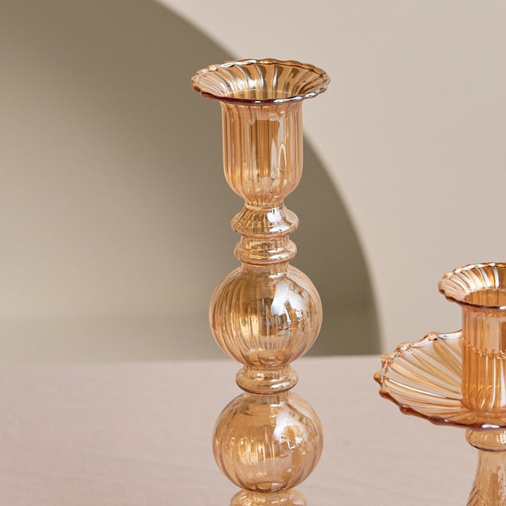 Ribbed Glass Candle Holders - Amber | Bowlift