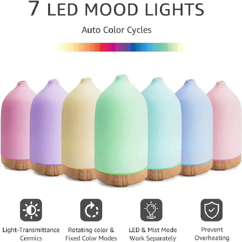 BowLift | Aromisca Ceramic Aroma Diffuser | 100 ml Ultrasonic Air Humidifier | 7 LED Colors & Timer | Handcrafted Design | EU Plug