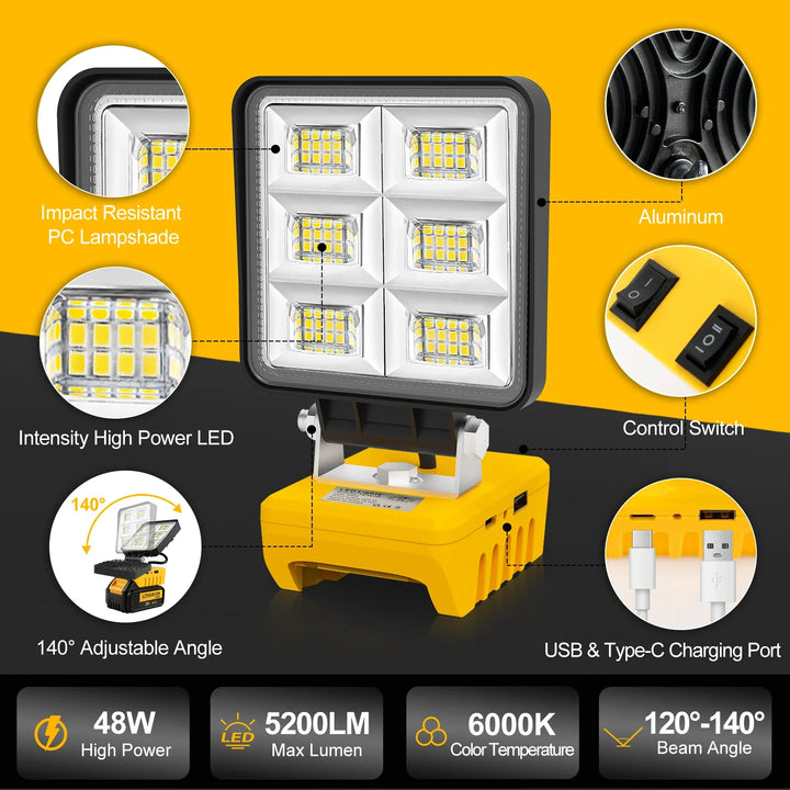 BowLift | PowerLuma 48 LED Work Light | 48W Battery Construction Spotlight | 5200 Lumen | USB-C Charging Port | For DeWalt Batteries (without battery)