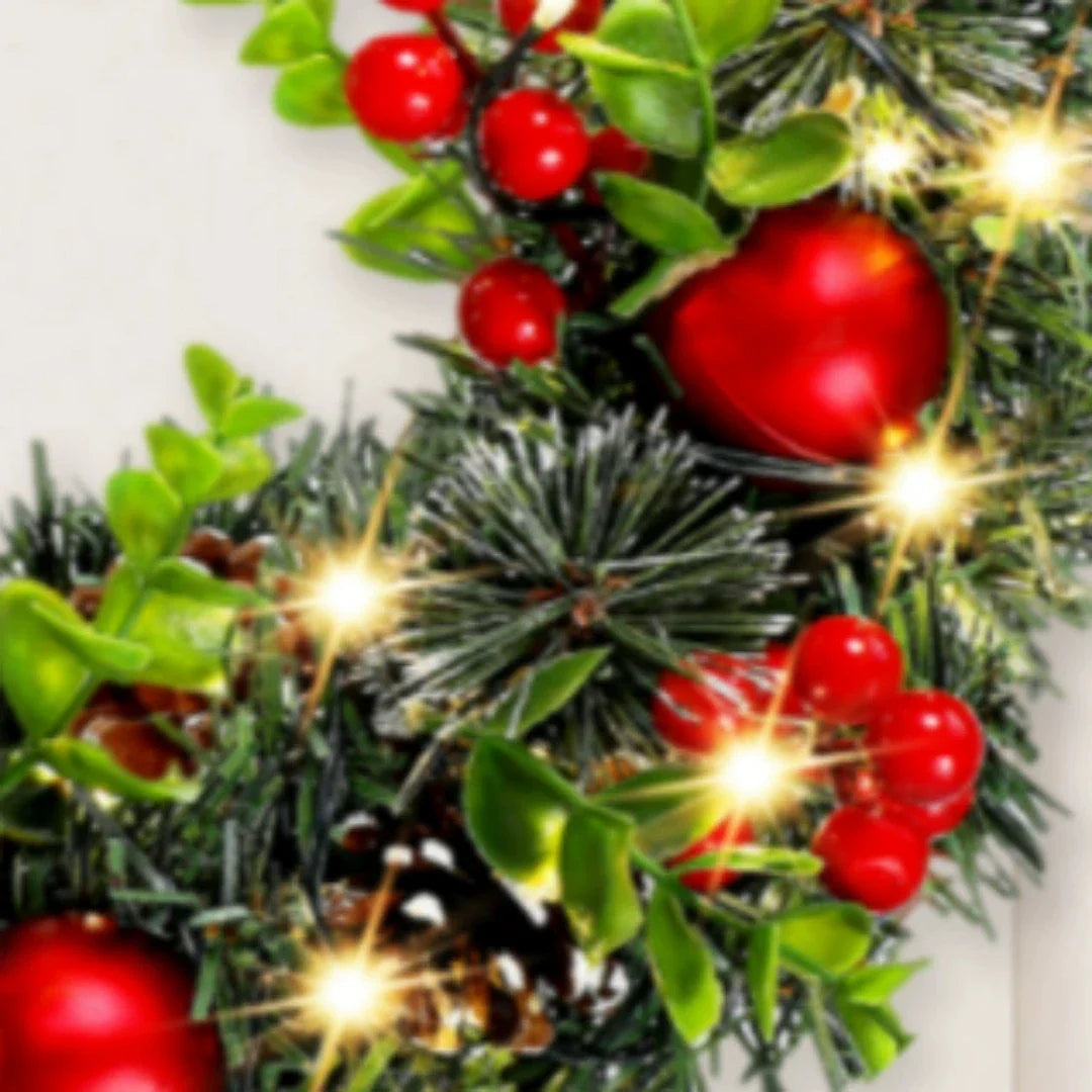 BowLift | Lunoria Christmas Wreath | LED Lighting | Elegant Red Berries & Ribbon