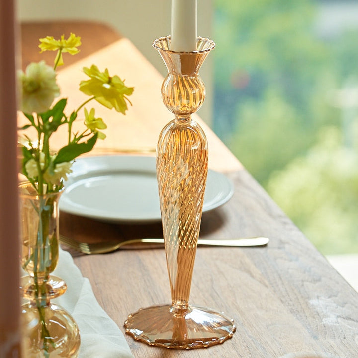Ribbed Glass Candle Holders - Amber | Bowlift