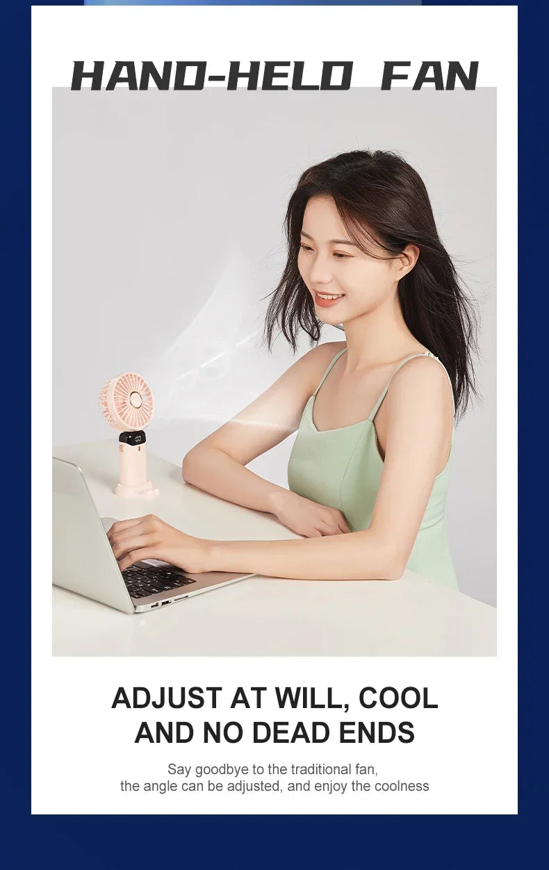 5000mAh Handheld Mini Fan – Wireless USB Rechargeable Portable Fan with Digital Display, Phone Holder, 5-Speed Foldable Neck Hanging Fan | Bowlift