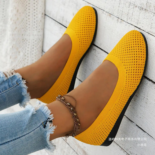 BowLift | Women Round Toe Flat Shoes Solid Color Knit Slippers Casual Breathable Ballet Flats Women Flat Shoes Loafers Women