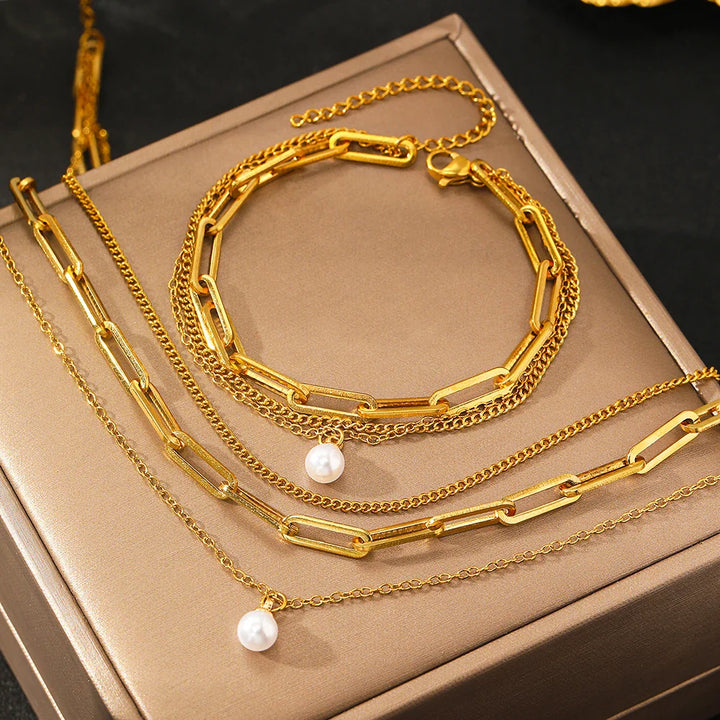 BowLift | Paperclip & Curb Chain Dainty Pearl Bracelet and Necklace Stack Set
