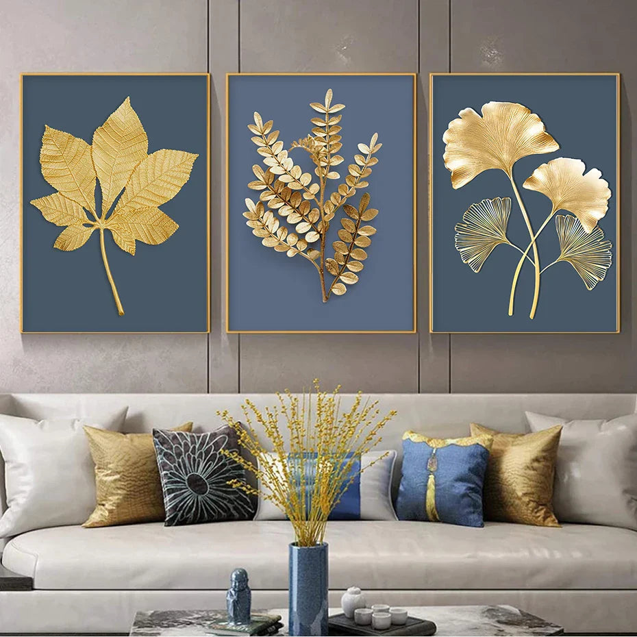 Blue Minimalist Golden Abstract Floral Wall Art Fine Art Canvas Prints Pictures For Luxury Living Room Dining Room Home Office Art Decor | Bowlift