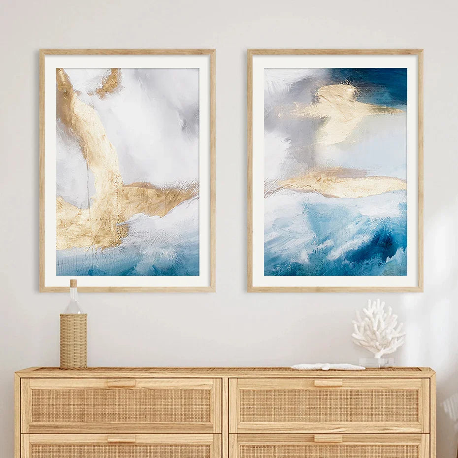 Serene Seascape Wall Art Abstract Ocean Waves With Golden Accents Fine Art Canvas Prints Pictures For Living Room Bedroom Nordic Home Decor | Bowlift