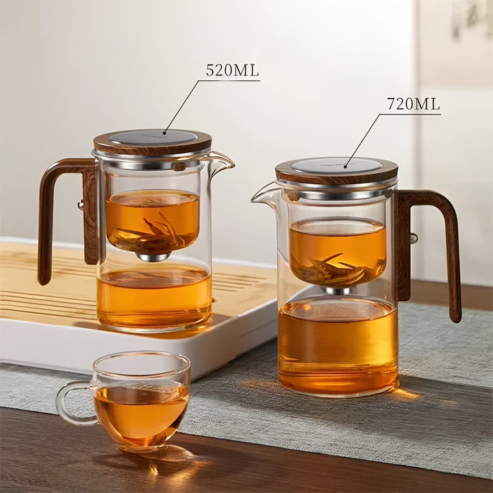 Glass teapot with wooden handle – One-click filter | Perfect for loose tea & Puer | Bowlift