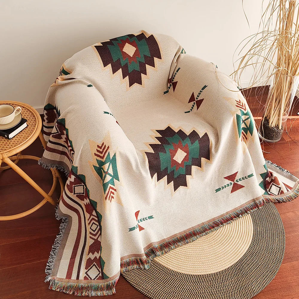 BowLift | AztecaLoom Boho Blanket | XXL Aztec Throw with Fringes | Southwestern Ethno Style | Vintage Throw Blanket made of Cotton Blend