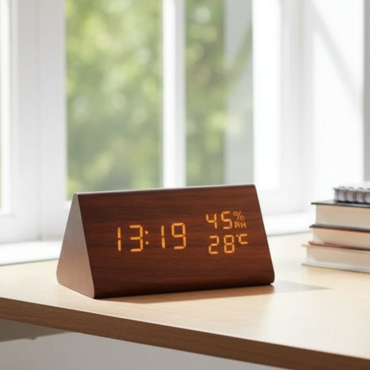 LED Alarm Clock Wood Look with 3 Alarms & Temperature | Bowlift