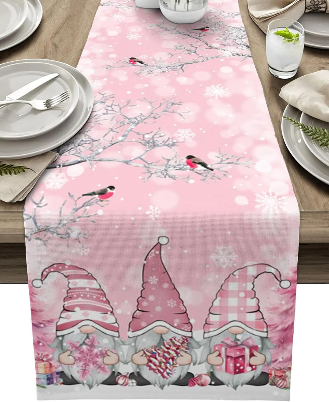 BowLift | SnowGnome Christmas Table Runner – Luxe Linen Table Runner with Snowflake and Gnome Design