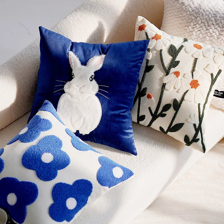 Blue & White Bunny & Flower Cushion Cover | Bowlift