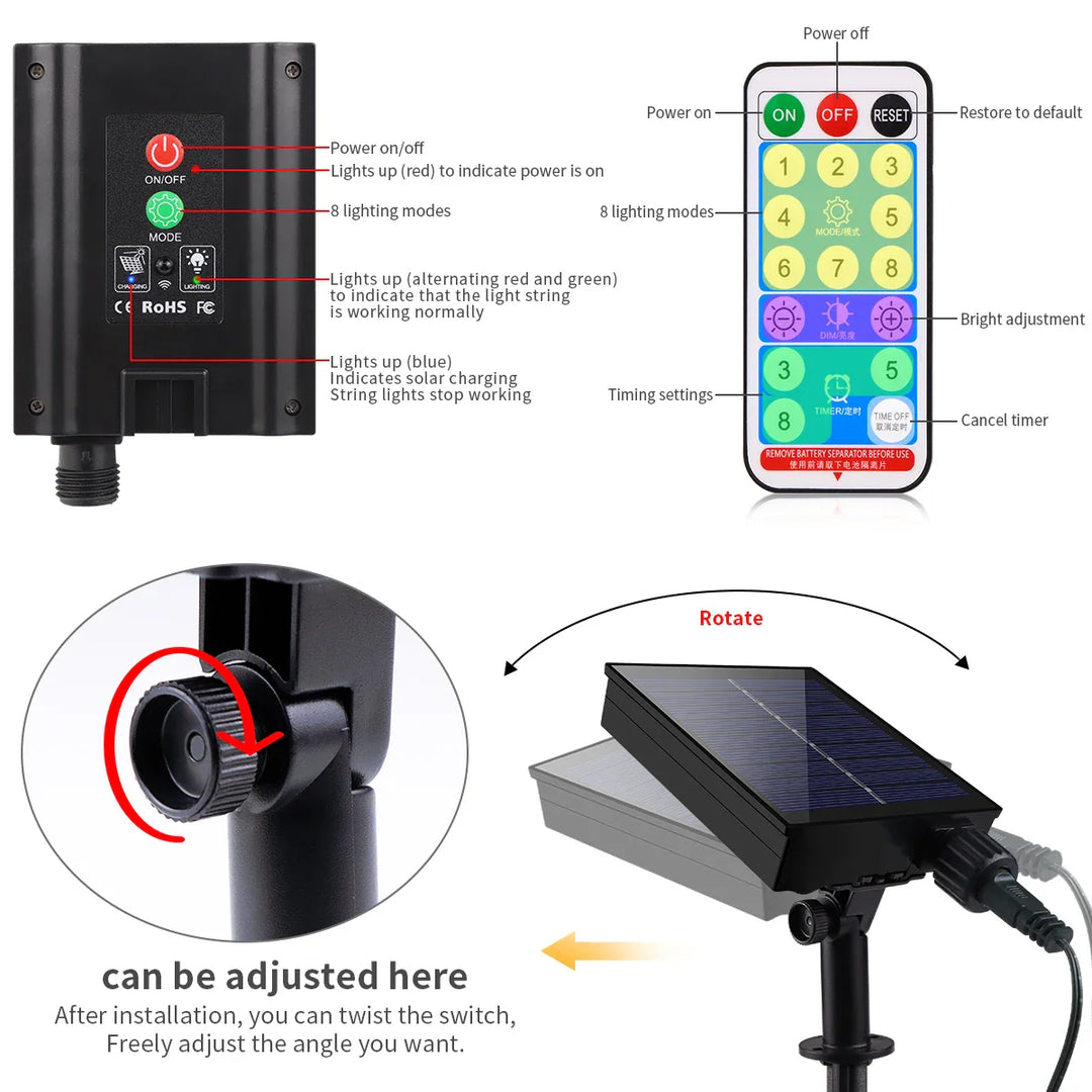 BowLift | Solar String Lights 100M LumiSol ProLine | 8 Modes | IP65 Waterproof | Extra Bright LEDs | Remote Control & Quick Charge | For Garden, Wedding & Christmas