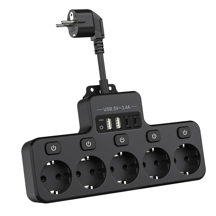 BowLift | Voltaro Pro 9-in-1 | Power Strip EU | 5 AC Outlets + 4 USB (2× Type-C) | Individual Switch | 16A | Short Cable 10 cm