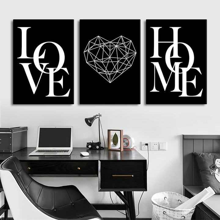 Set of 3Pcs Geometric Love Home Heart Wall Art Fine Art Canvas Prints Black White Minimalist Posters Pictures For Living Room Bedroom Art Decor | Bowlift