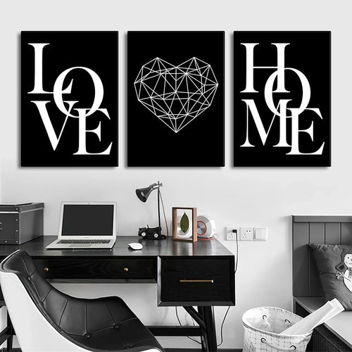 Set of 3Pcs Geometric Love Home Heart Wall Art Fine Art Canvas Prints Black White Minimalist Posters Pictures For Living Room Bedroom Art Decor | Bowlift