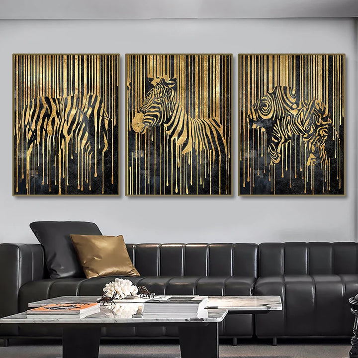 Modern Abstract Golden Zebra Lines Lion Elephant Tiger Wall Art Fine Art Canvas Prints Pictures For Luxury Apartment Living Room Dining Room Art Decor | Bowlift