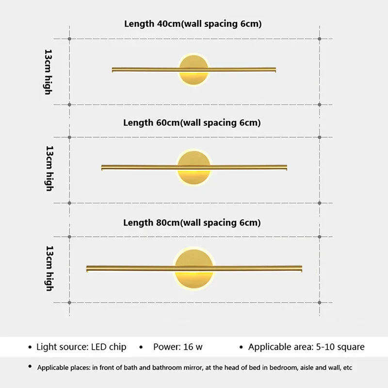 BowLift | LED Wall Light LineaLux | Black & Gold | 40/60/80 cm | Warm, Cold & Three-Color Light | Modern Mirror & Wall Lighting