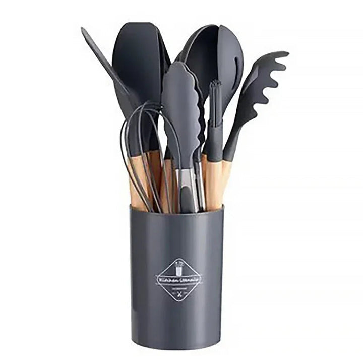 12-piece silicone cooking utensils set with wooden handles | Bowlift