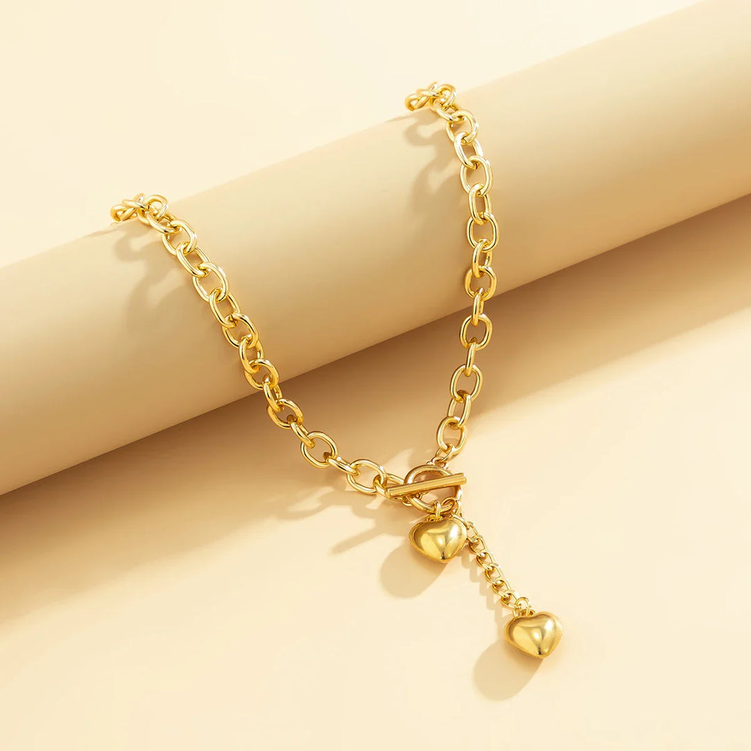 BowLift | Bold Chunky Chain Link Dual Heart Lariat Necklace & Bracelet
