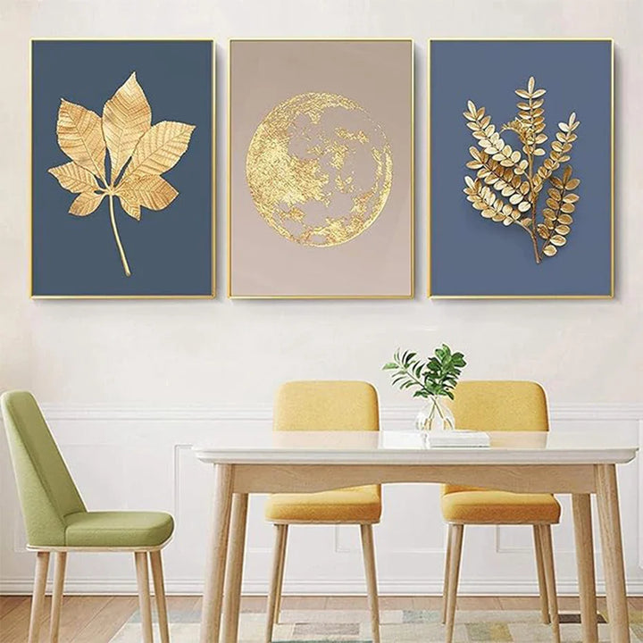 Blue Minimalist Golden Abstract Floral Wall Art Fine Art Canvas Prints Pictures For Luxury Living Room Dining Room Home Office Art Decor | Bowlift