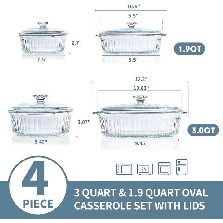 BowLift | 4-piece Glass Bakeware Set with 2 Bakeware Dishes with Glass Lids, 1.9 Qt and 3 Qt