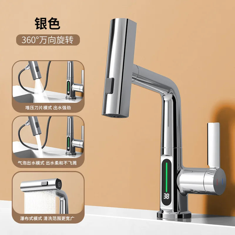 BowLift | Retractable Waterfall Faucet with Temperature Display in Stainless Steel