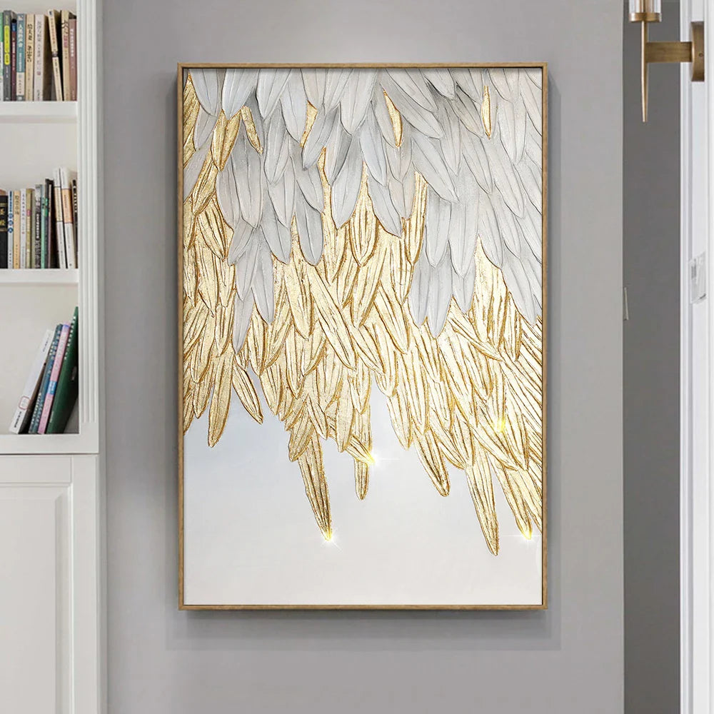 Modern Abstract Golden Feather Design Wall Art Fine Art Canvas Prints Picture For Luxury Living Room Bedroom Entranceway Foyer Art Decor | Bowlift