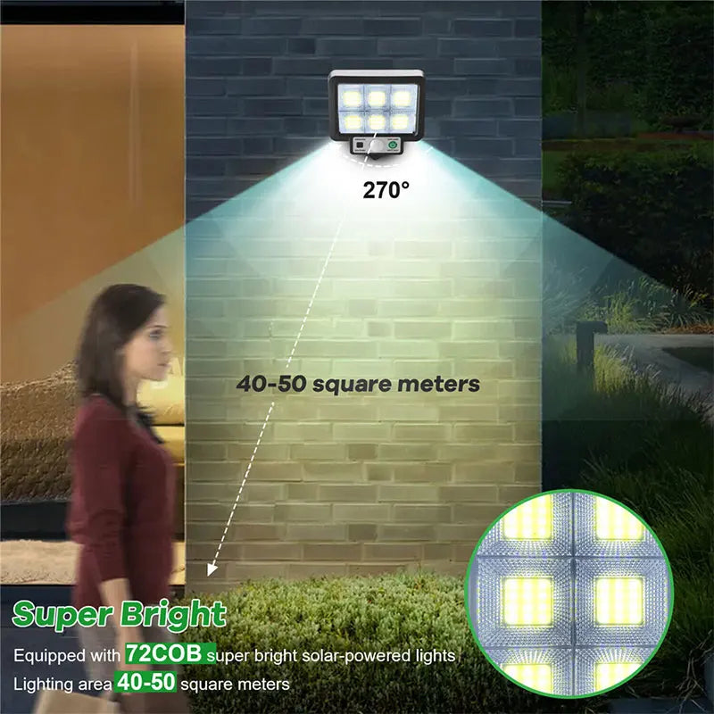 BowLift | LumoVolt Solar light with motion sensor | 72 COB LEDs | Remote control & 5 m solar panel cable | 3 modes | IP65 weatherproof