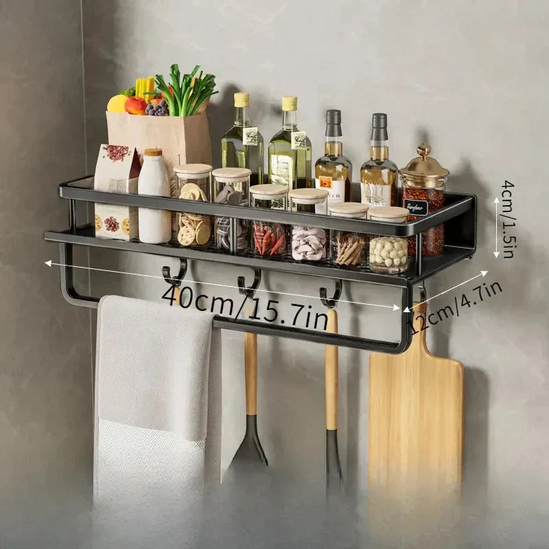 BowLift | Black Wall-Mounted Kitchen Rack – Spice Shelf with Utensil Hook Bar