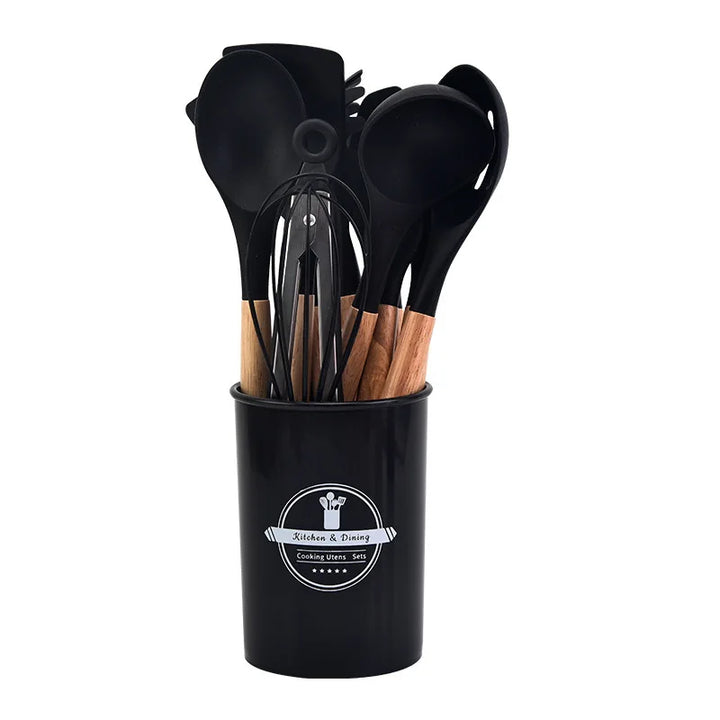 BowLift | Culinora Silicone Kitchen Utensils Set | Heat Resistant up to 230 °C | 12-piece with Wooden Handles | Whisk, Spatula, Tongs & more