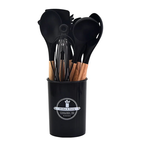 BowLift | Culinora Silicone Kitchen Utensils Set | Heat Resistant up to 230 °C | 12-piece with Wooden Handles | Whisk, Spatula, Tongs & more