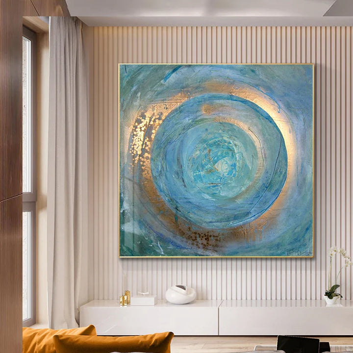 Blue Golden Swirl Circle Wall Art Fine Art Canvas Prints Square Format Abstract Pictures For Living Room Bedroom Home Office Art Decor | Bowlift
