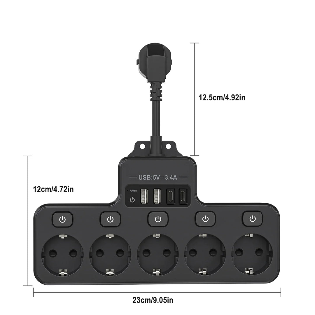 BowLift | Voltaro Pro 9-in-1 | Power Strip EU | 5 AC Outlets + 4 USB (2× Type-C) | Individual Switch | 16A | Short Cable 10 cm