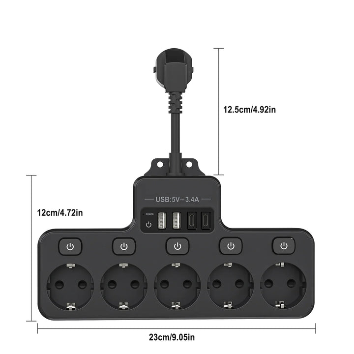 BowLift | Voltaro Pro 9-in-1 | Power Strip EU | 5 AC Outlets + 4 USB (2× Type-C) | Individual Switch | 16A | Short Cable 10 cm