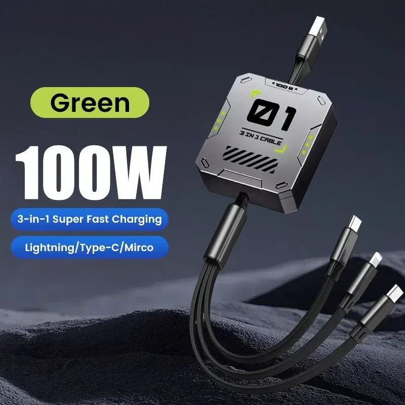 BowLift | 3-in-1 Charging Cable | Fast Charging 100W | Extendable & Universal | FlexiCharge for iPhone, Android & USB-C