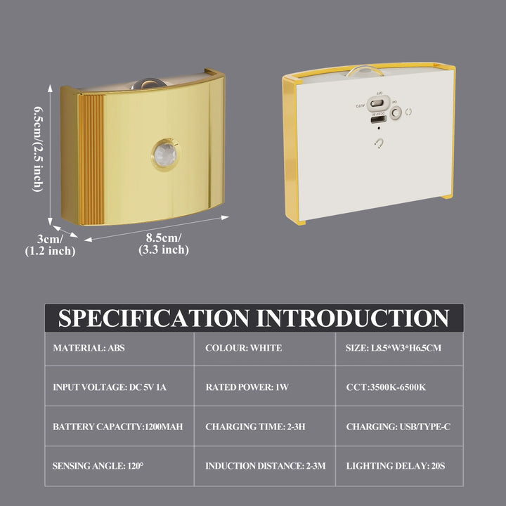 Rechargeable Wall Lamp Wireless Magnetic No-Drill Motion-Sensing Bedroom Bedside Stair Wall Lamp