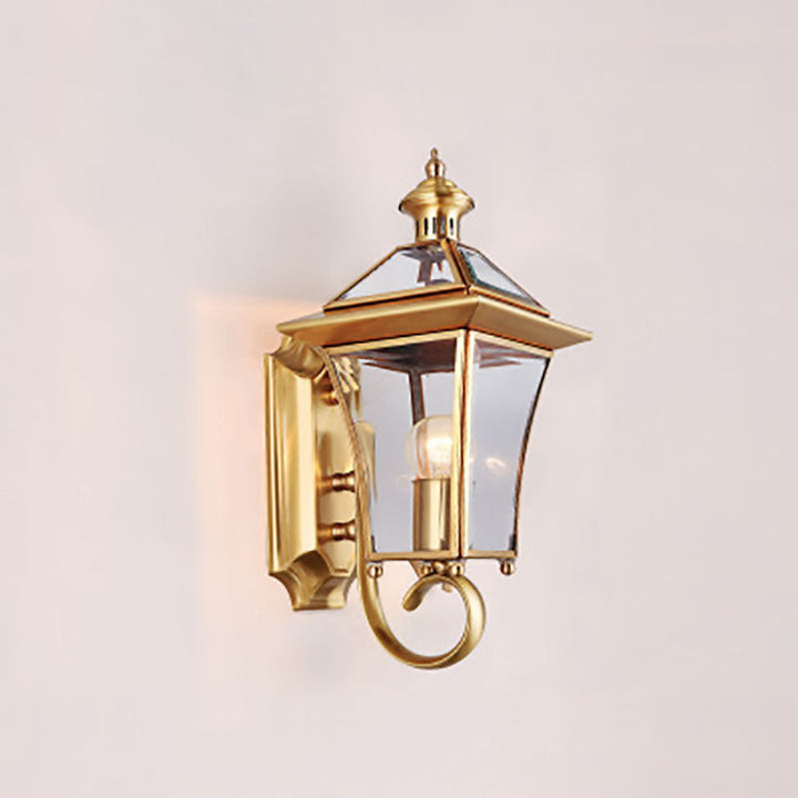 European Modern Luxury Quadrilateral Brass Glass Waterproof 1-Light Outdoor Wall Sconce Lamp | Bowlift