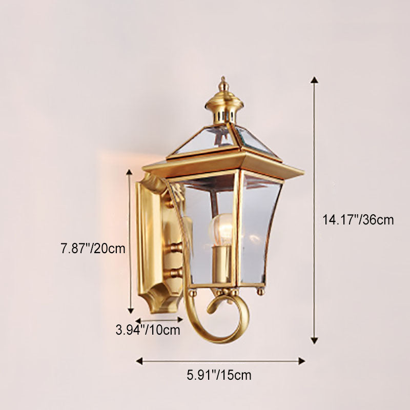 European Modern Luxury Quadrilateral Brass Glass Waterproof 1-Light Outdoor Wall Sconce Lamp | Bowlift