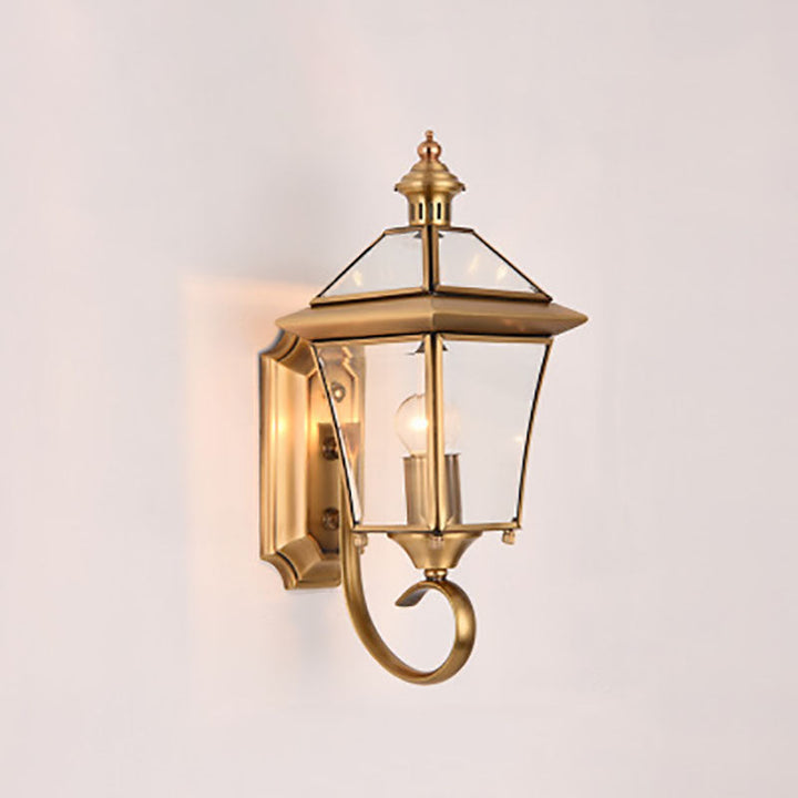 European Modern Luxury Quadrilateral Brass Glass Waterproof 1-Light Outdoor Wall Sconce Lamp | Bowlift