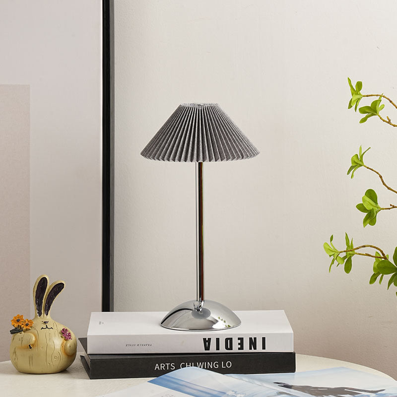BowLift | Contemporary Scandinavian rechargeable iron fabric cone pleated LED table lamp for bedside