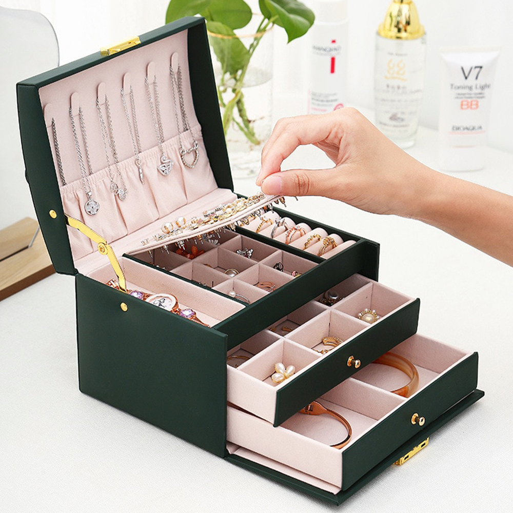 BowLift | Large Jewelry Earing and Necklace Box Storage Holder Organizer for Women and Guys Case Stand with Drawers and Lock