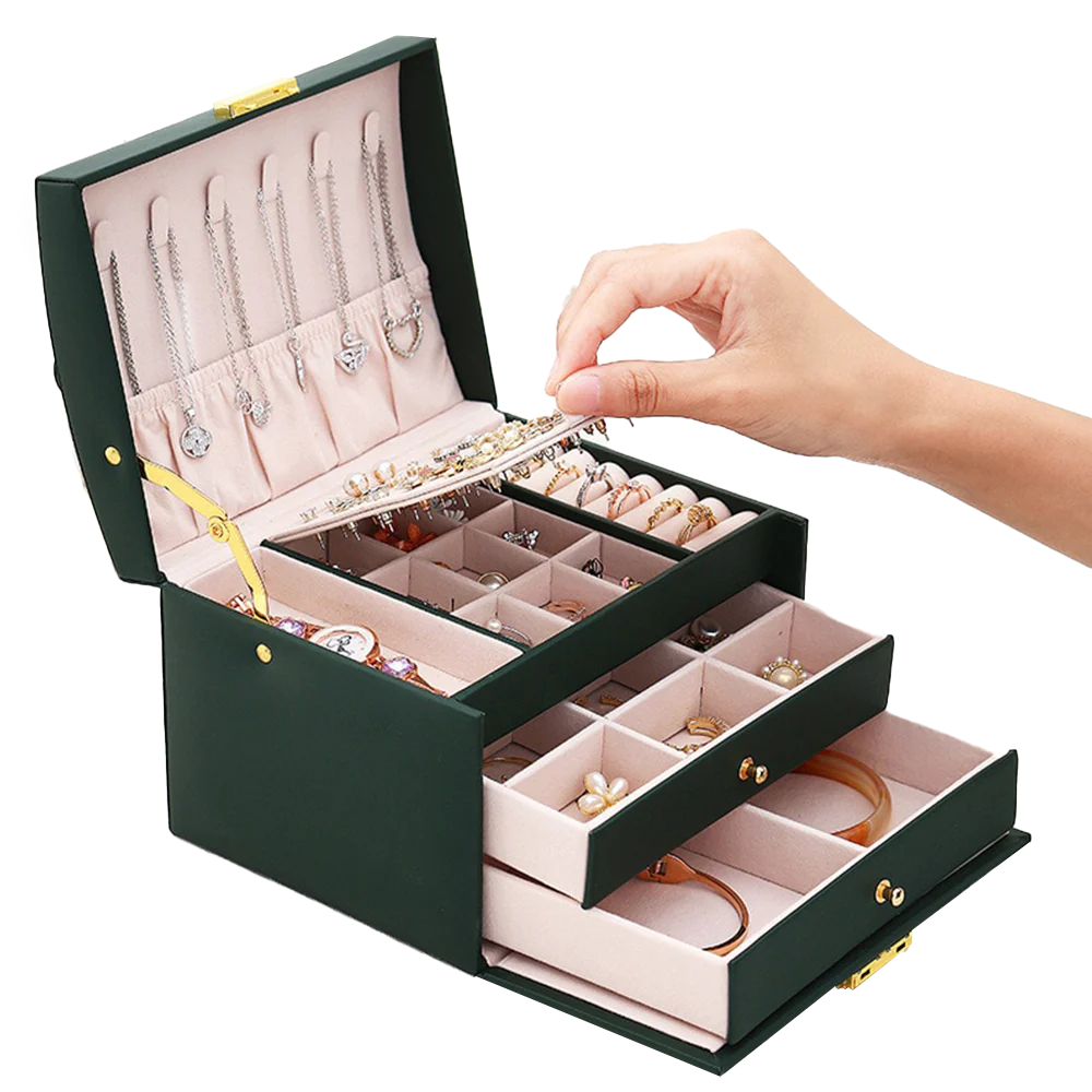 BowLift | Large Jewelry Earing and Necklace Box Storage Holder Organizer for Women and Guys Case Stand with Drawers and Lock