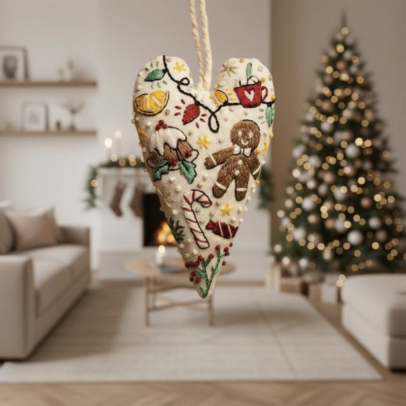 BowLift | DIY embroidery set for heart-shaped Christmas decorations with fabric, thread, and needles