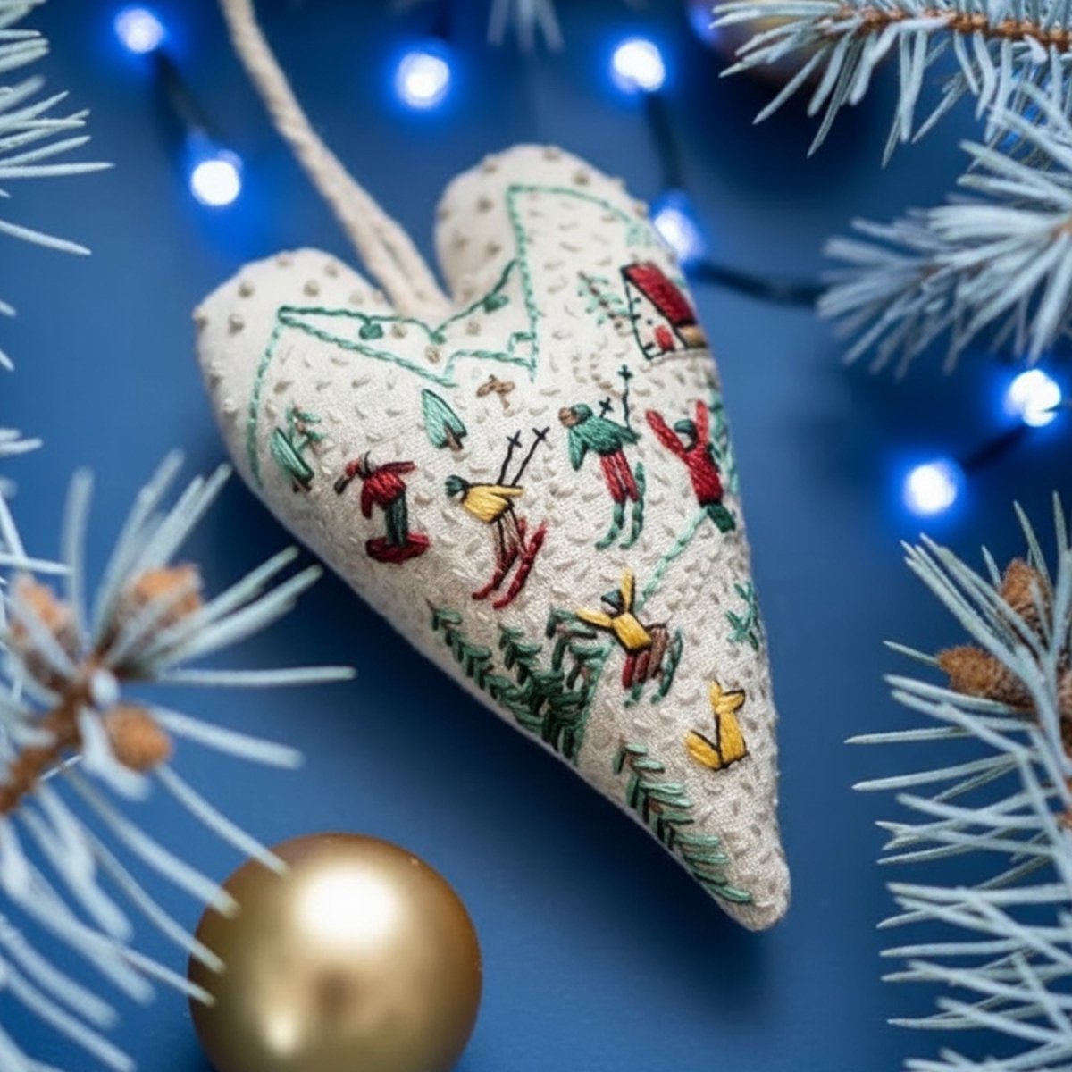 BowLift | DIY embroidery set for heart-shaped Christmas decorations with fabric, thread, and needles