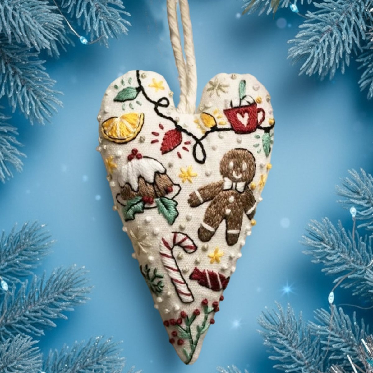 BowLift | DIY embroidery set for heart-shaped Christmas decorations with fabric, thread, and needles