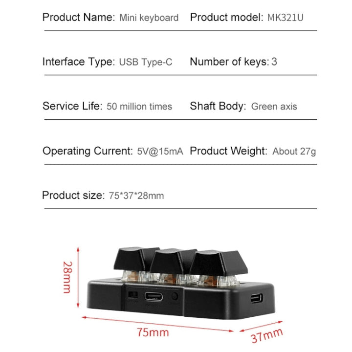BowLift | MK321BT Bluetooth 5.1 3 Keys Customizable Keys Gaming Office PS Clip Macro Programming Keyboard (Black)