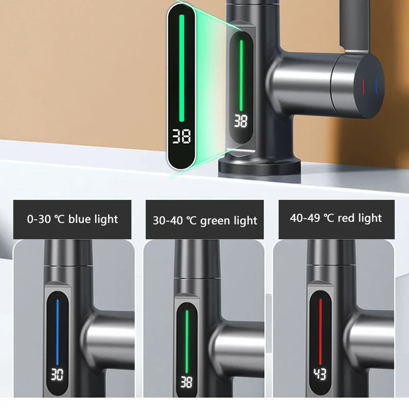 BowLift | Retractable Waterfall Faucet with Temperature Display in Stainless Steel
