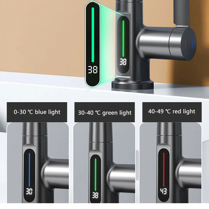 BowLift | Retractable Waterfall Faucet with Temperature Display in Stainless Steel