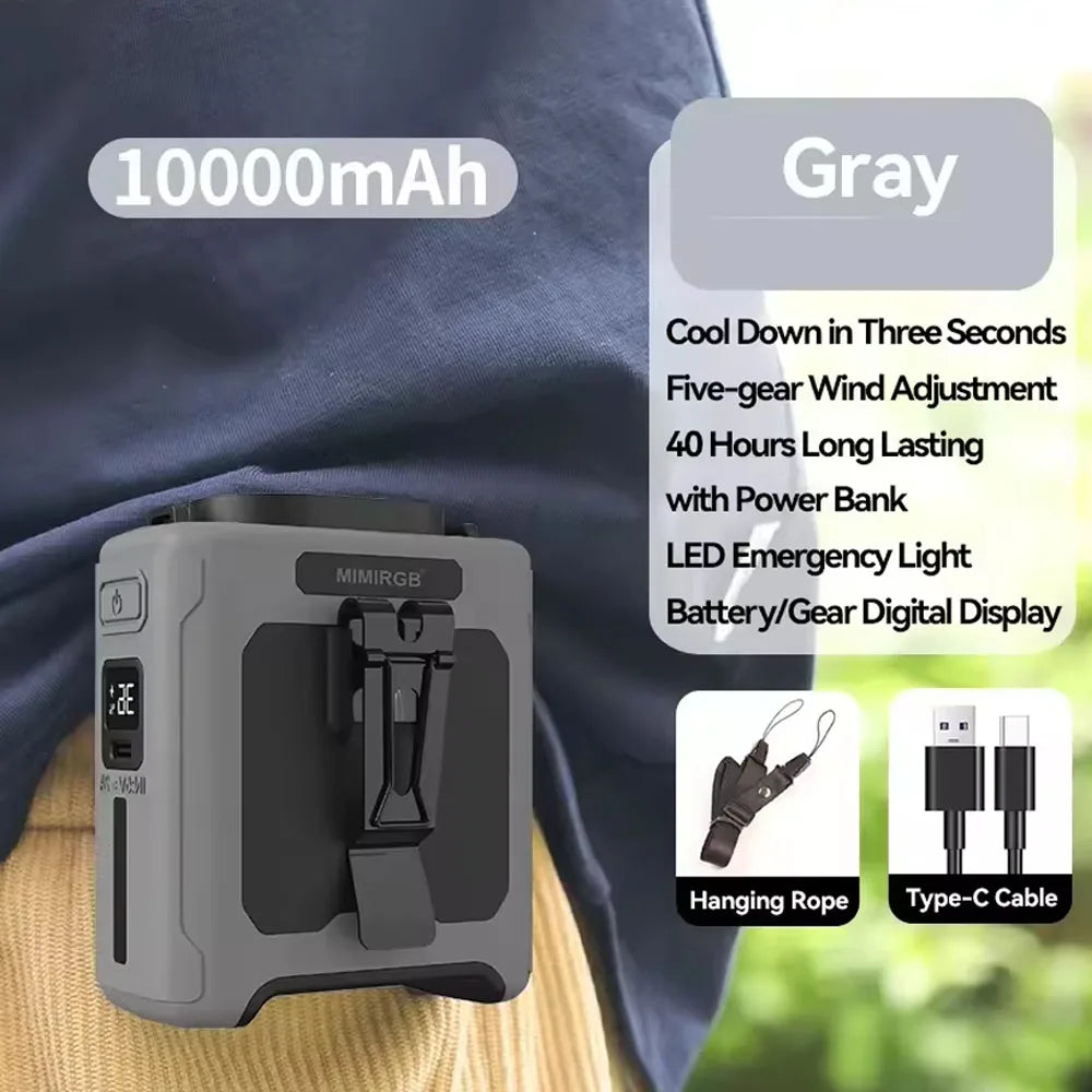 10000mAh Waist Clip Fan with Power Bank – Portable Hands-Free Rechargeable Fan | 5-Speed Cooling, Battery Display, USB Charging, Outdoor Wearable Fan | Bowlift